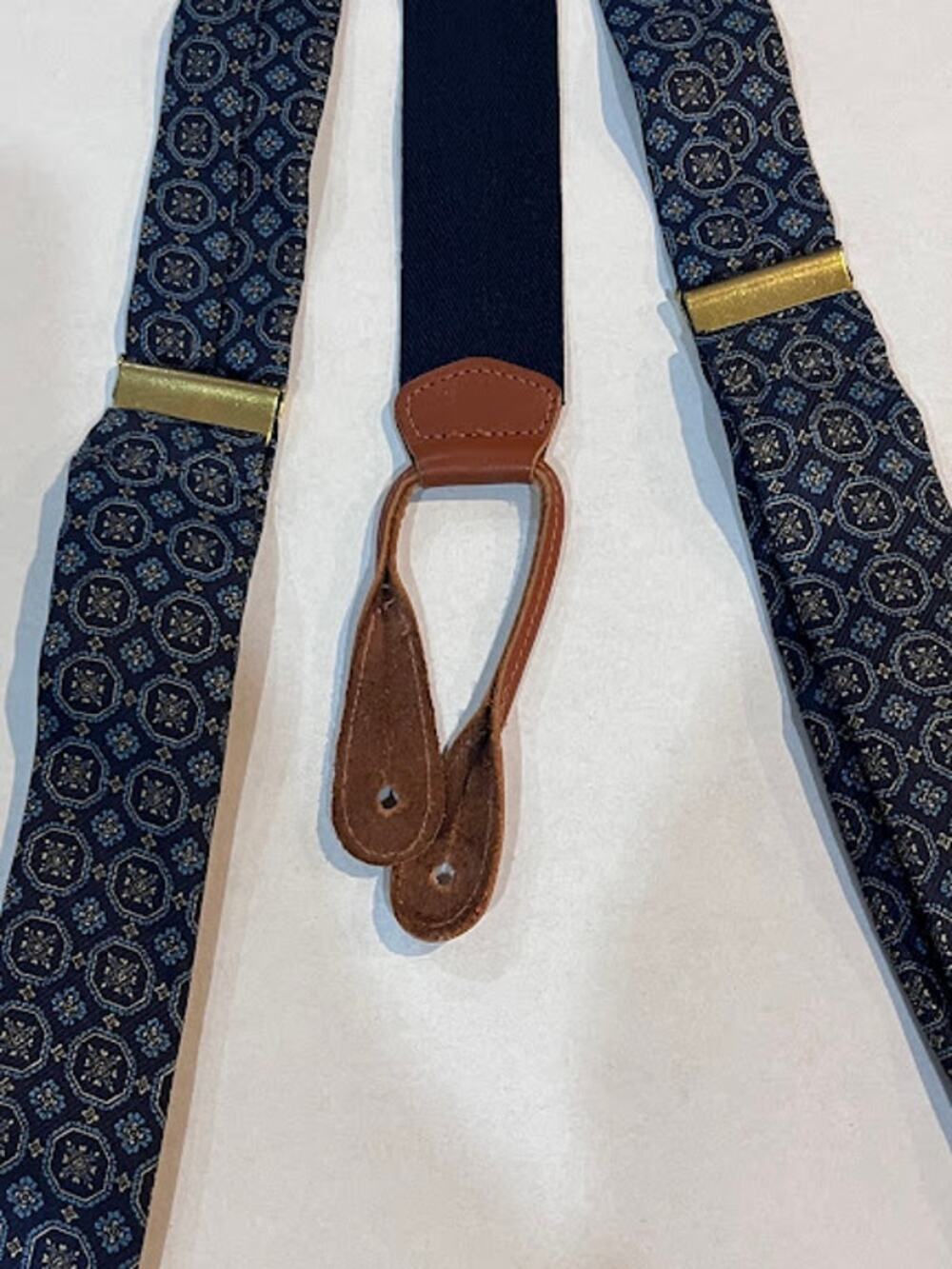 Vintage Silk Suspenders Braces BLUES Brown Leather Fully Expandable